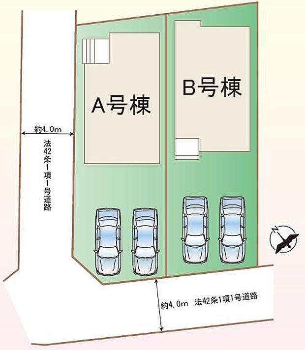 全体区画図なので敷地全体の配置や各棟の関係が分かりやすいです。駐車スペースや道路の位置も確認しやすい設計です。各区画の独立性が図面から把握できます。建物と外構のバランスが見て取れます。