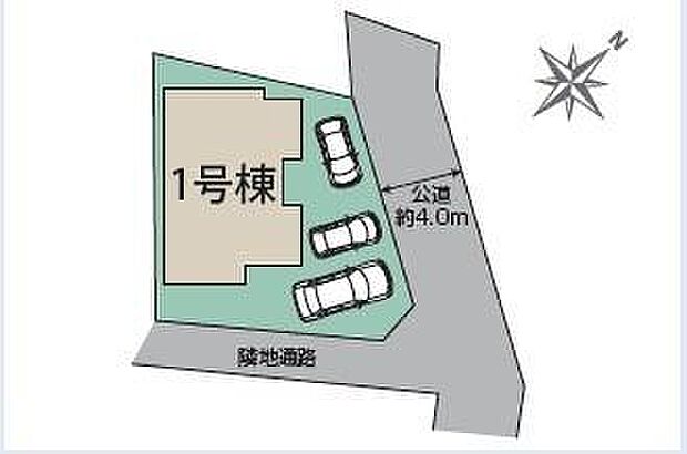 敷地内にゆとりある駐車スペースが配置されています。角地に位置し道路からのアクセスも便利です。区画図で全体のレイアウトが把握しやすいです。駐車台数や建物配置も一目で確認できます。