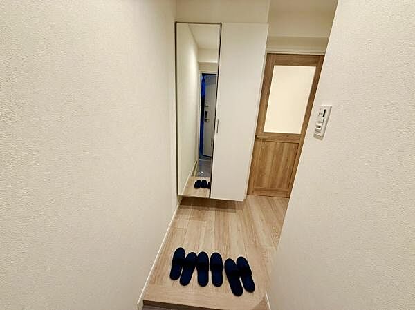 明るい色味のフローリングが空間全体を広く感じさせます。大きなミラー付き収納が備え付けられており玄関周りをすっきりと整えるのに便利です。玄関ドアまでの動線もスムーズです。