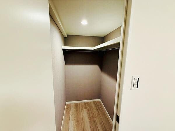 落ち着いた色合いの壁と床が特徴の収納スペースです。棚とハンガーパイプが備わっており多様な収納に対応可能です。室内照明も設置されているため中が明るく見やすいつくりです。
