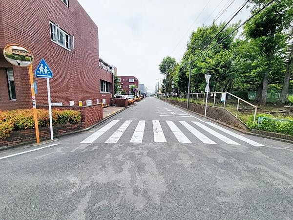 歩道や横断歩道が整備された道沿いの立地です。落ち着いた雰囲気の街並みがポイントです。建物の外観はレンガ調のデザインが特徴的です。緑豊かな植栽や並木道が周辺にあります。