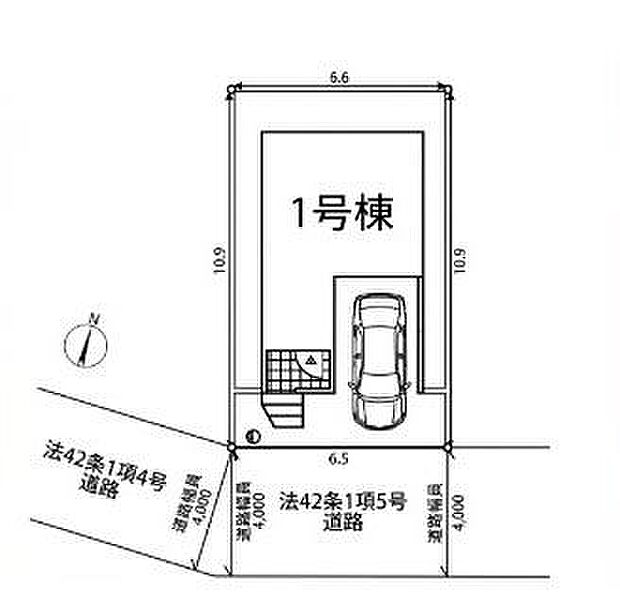区画図により物件の配置や接道状況が明確に分かります。前面道路幅も確認でき車の出入りに便利です。建物と駐車スペースの位置関係も一目で把握できます。角地ならではの特長も区画図から読み取れます。