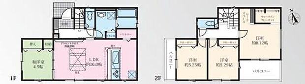 2階建てのプラン例で各部屋がバランスよく配置されています。リビングダイニングキッチンや和室個室が充実しています。1階と2階それぞれにトイレがあり使い勝手にも配慮されています。
