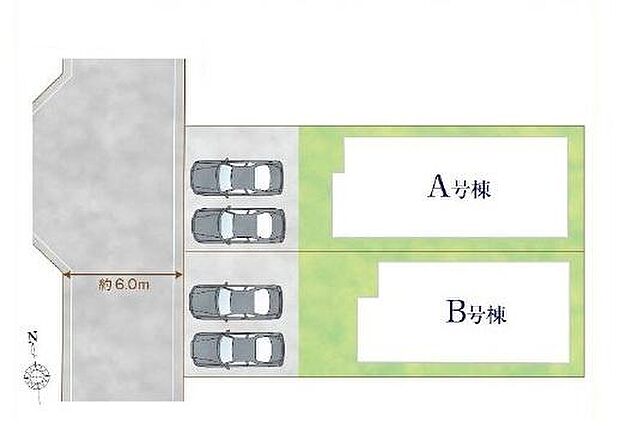 A号棟とB号棟がゆったりと配置されています。敷地内には複数台の駐車スペースが確保されています。前面道路は約6m幅で車の出入りがしやすい設計です。敷地には緑も配置され全体のバランスが保たれています。