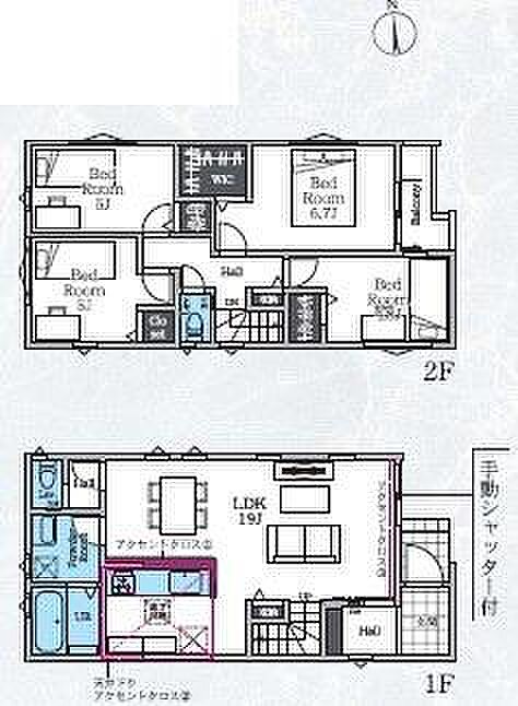 二階にはベッドルームが四部屋ありプライベート空間が充実しています。水回りが一階にまとまり家事動線が効率的です。リビングダイニングは広々としており家具の配置もしやすい設計です。