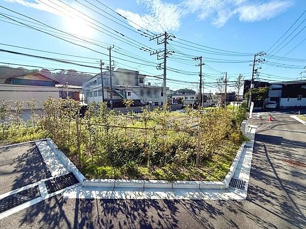 遮るものが少なく開放感のある現地土地写真です。周囲に植栽が施されており緑が感じられます。道路に面しており角地の形状が特徴的です。日当たりも良好な環境です。