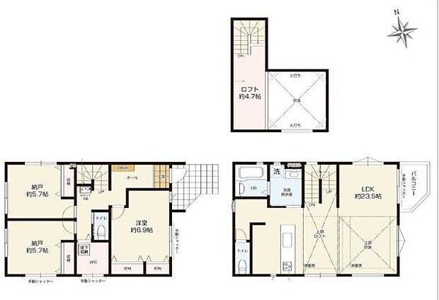 2階リビングは約23.5帖の広がりがあり快適に過ごせます。各部屋が独立しておりプライバシーに配慮されています。ロフトも約4.7帖ありさまざまな用途に活用可能です。収納スペースも充実している間取りです。