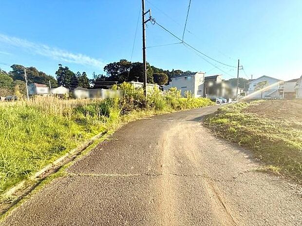 前面道路が広がり現地の開放的な環境が感じられます。周囲は自然も豊かで暮らしやすい雰囲気です。