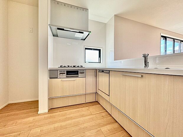 食洗機を備えたスタイリッシュなシステムキッチン。