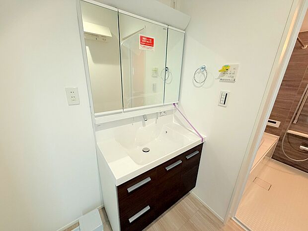 鏡の裏側には細かい物も収納でき、スッキリ片付いた洗面台に。