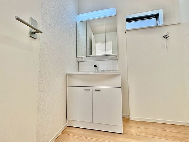 鏡の裏側には細かい物も収納でき、スッキリ片付いた洗面台に。