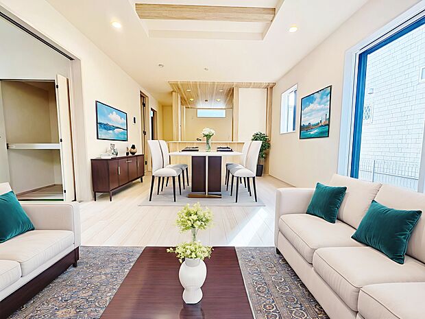 折上天井でお洒落なリビング空間にこだわりました。※現況の物件写真に、ＣＧによる画像処理がされています。