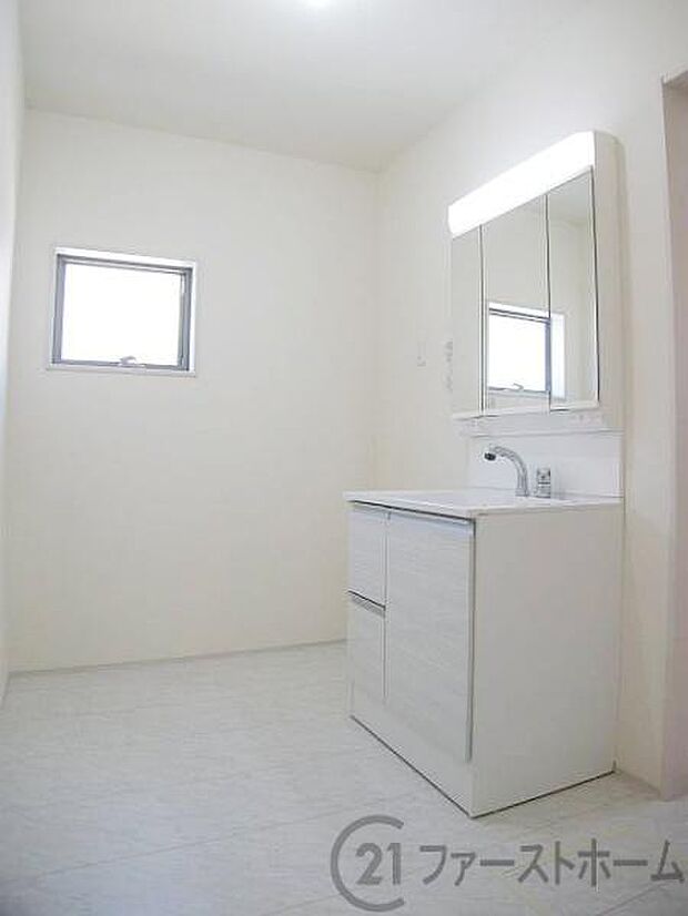 洗面化粧台は人気の三面鏡と便利なシャワー付です