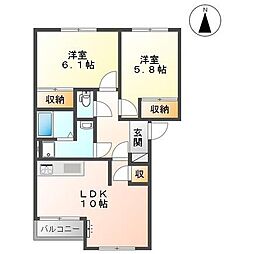 フェイバードパーク Ａ棟 2階2DKの間取り