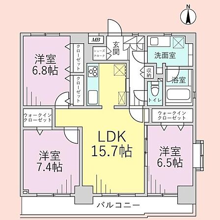 家族でゆったりと過ごせる広々としたLDKが中心の間取りです。3つの洋室にはそれぞれ収納スペースが設けられており使い勝手が良いです。洗面室や浴室トイレが独立していて生活動線もすっきりしています。