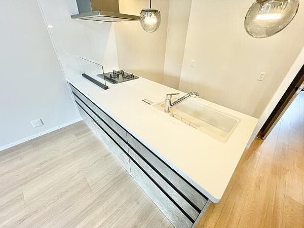 明るく開放感のあるキッチンです。カウンターが広く作業しやすいレイアウトとなっています。収納スペースも豊富で使い勝手が考えられています。シンプルで洗練されたデザインが印象的です。