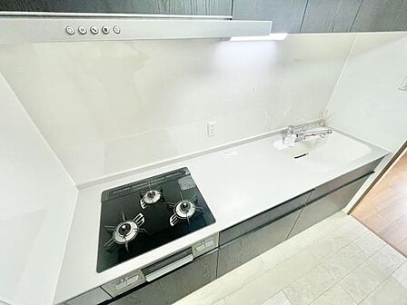 キッチン全体が明るく清潔感があります。白を基調としたワークトップで見た目もすっきりしています。使いやすさを意識したデザインが特徴です。収納スペースも充実しており整理整頓がしやすい造りです。