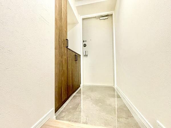 玄関部分はナチュラルな木目調の収納が設けられており落ち着いた雰囲気です。白を基調とした壁と扉が空間を明るく見せます。床はお手入れしやすい素材となっており清潔感も感じられます。
