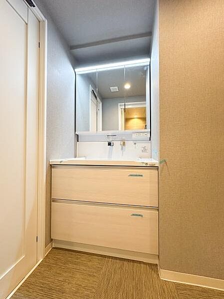 三面鏡付き洗面台採用、スキンケア用品やスタイリング剤等をすっきりと収納できます♪