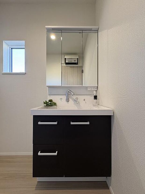 三面鏡付きの洗面台です。鏡裏にも収納可能。