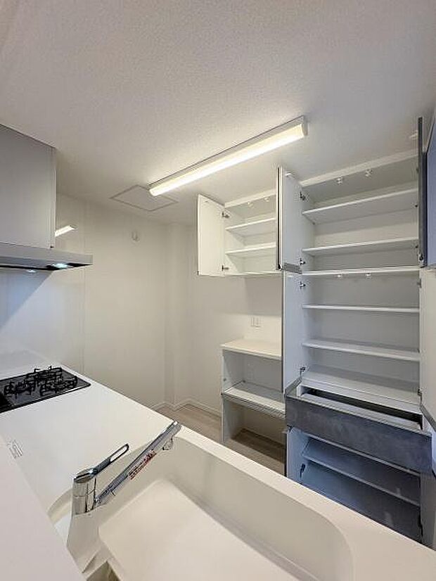 キッチン背面には大容量のカップボードが備わっています。
