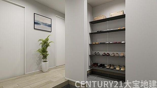 (1号棟)完成予想図■広い玄関には大容量のシューズクローク付き※イメージパースの為、実際とは異なる場合がございます。