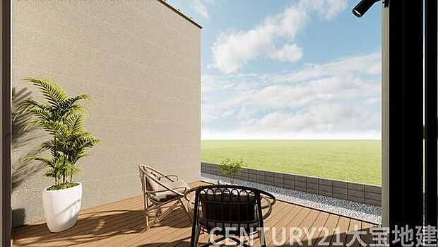 （2号棟）完成予想図■おしゃれなウッドデッキの使い方は無限大※イメージパースの為、実際とは異なる場合がございます。