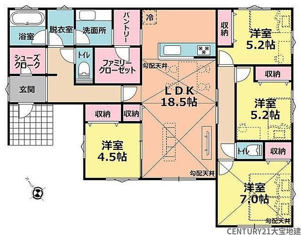 ■4ＬＤＫ＋ＳＩＣ＋ＦＣＬ＋パントリー■リビングスルー設計：リビングを通って自然とつながる、笑顔が集まる暮らし。