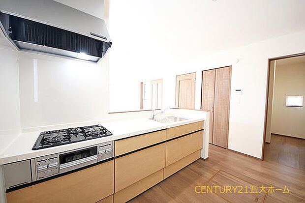 収納力のあるシステムキッチン。使いやすいスライド式収納は、奥のものが取り出しやすく重いものの出し入れもスムーズです。(1-E号棟)