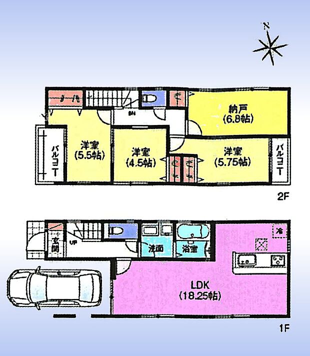 木造2階建て3SLDK。18.25帖のLDK。2階に洋室3室と納戸（部屋使用可）各部屋に収納有。2面バルコニー