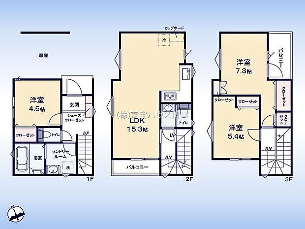 木造3階建て。2階にLDK。洋室3室。各部屋に収納有。2、3階にバルコニー。