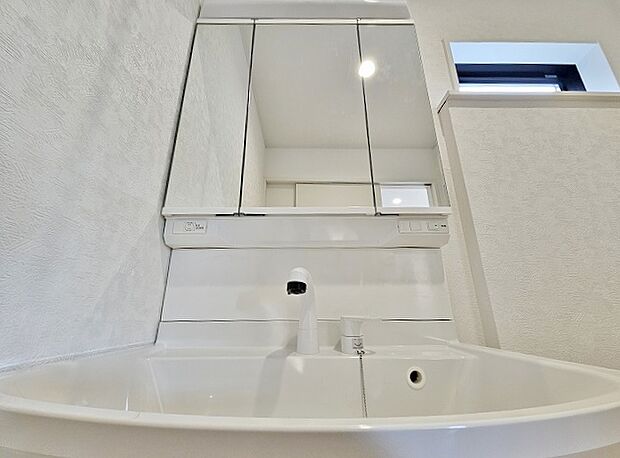 3面鏡、シャワーヘッド、収納を配置した洗面スペースです。朝の身支度に便利です。