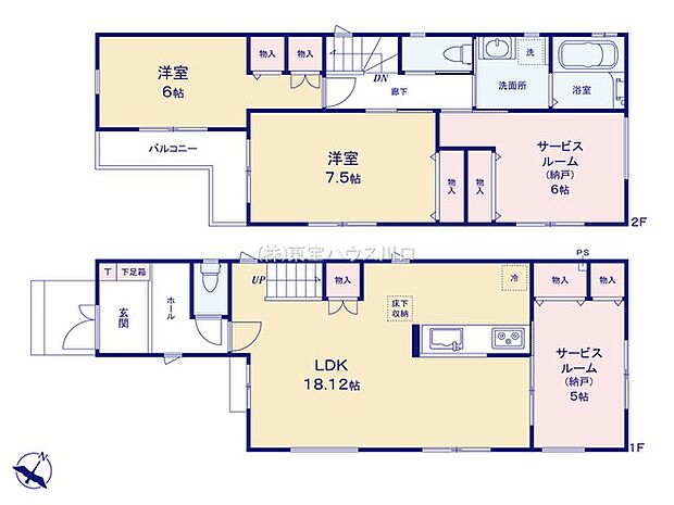 2LDK&部屋使用可能な納戸が2室(4LDKにも可)。リビングイン階段。