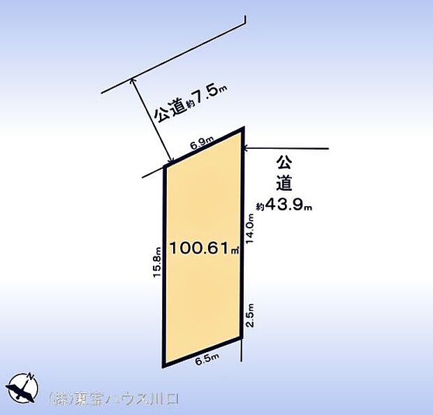 30.43坪のゆとりの敷地。北西7.5m&北東43.9m公道の角地につき開放感有