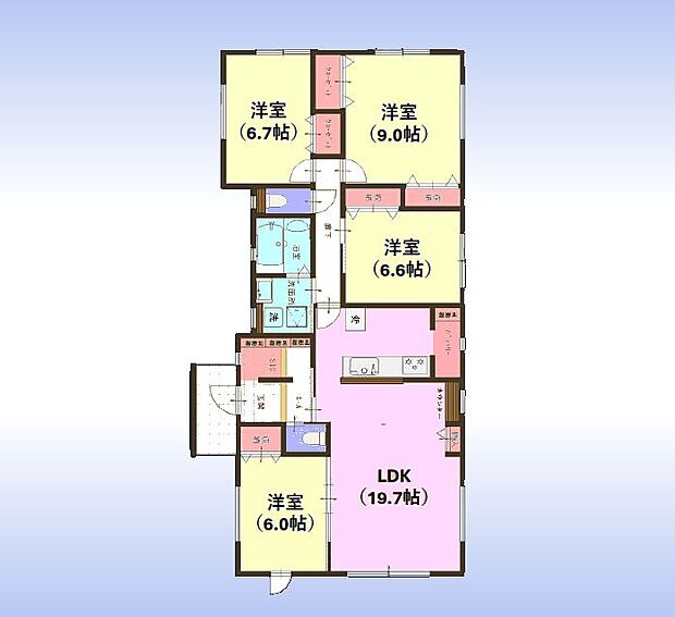 木造2階建て4LDK。全居室6畳以上。20.0帖のLDK。水廻り集中設計、家事動線らくらく。2階に4室。南向きワイドバルコニー
