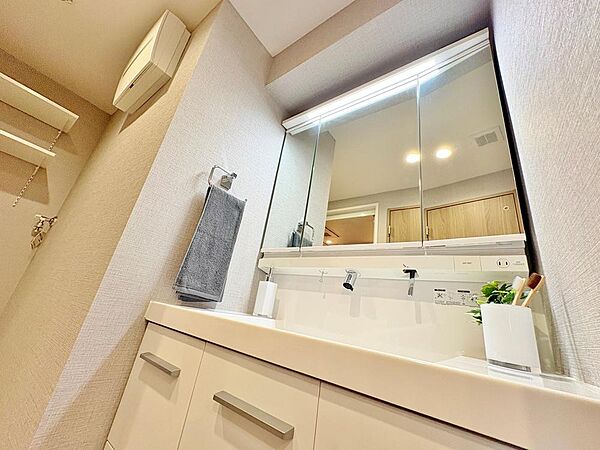 収納豊富な三面鏡タイプの洗面台を採用。散らかりがちな生活感を隠して、いつでもすっきりと綺麗な空間をキープできます。