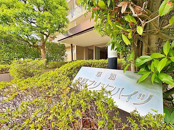 青々とした植栽に包まれた品のあるマンション銘板。豊かな緑が居住者や訪れる人をやさしく出迎え、心安らぐアプローチを演出します。