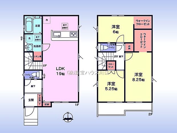 19帖のゆったりLDK。対面キッチン。水廻り集中設計、家事動線らくらく。洋室3室。W.INクローゼット2か所。
