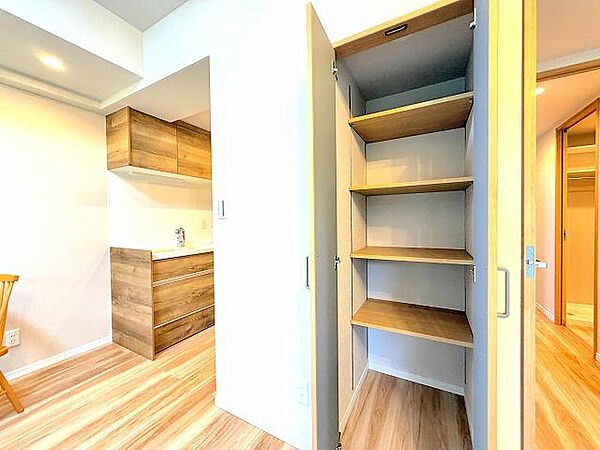リビングには多目的に使える壁面収納がございます。細かい物をともかくたくさん収納できますのでリビングがすっきり片付きます。