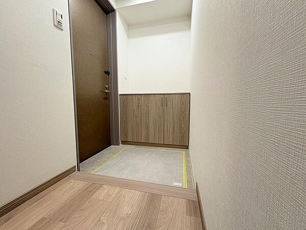 落ち着いた木調の扉とアクセントパネルがシックな印象を与える玄関。明るいナチュラルカラーのフローリングとホワイトの壁面が空間を優しく包み、住まう人を心地よく迎え入れます