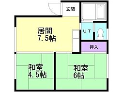 パステルハイツ 1階2DKの間取り
