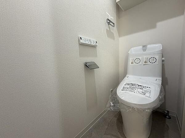 シンプルなデザインで清潔感のあるトイレです。壁付けのリモコンやペーパーホルダーも設置されています。落ち着いた色合いの内装が特長です。スペースもゆったりと確保されています。便利さが感じられる設備です。