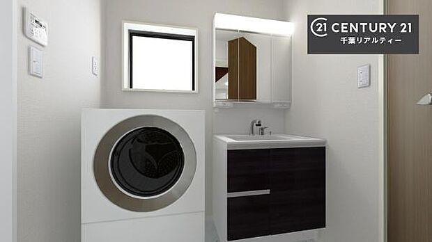 三面鏡の独立型洗面台!鏡の裏は収納スペースになっているので洗面台周りがスッキリと片付きます!(洗面所イメージ図)