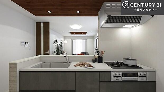 対面式システムキッチンを採用しています！ご家族のコミュニケーションが自然と増える設計です。お子様にも目が届くので嬉しいですね。収納力もあります！（キッチンイメージ図）