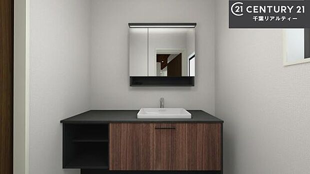 三面鏡の独立型洗面台！鏡の裏は収納スペースになっているので洗面台周りがスッキリと片付きます！(洗面所イメージ図)