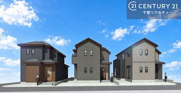 完成予想図です。落ち着いた色合いの外観に、洗練されたデザインを取り入れた住まいです。駐車スペースを確保し、毎日の暮らしやすさにも配慮。街並みに調和しながらも存在感のある、こだわりの住まいが誕生します。