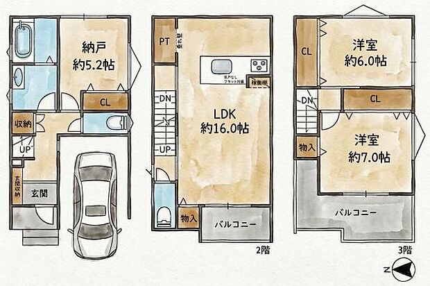 3階建ての間取りで各階に収納スペースが設けられています。2階のLDKは約16帖の広さがありゆとりある空間です。3階には2つの洋室がありそれぞれクローゼットが備わっています。