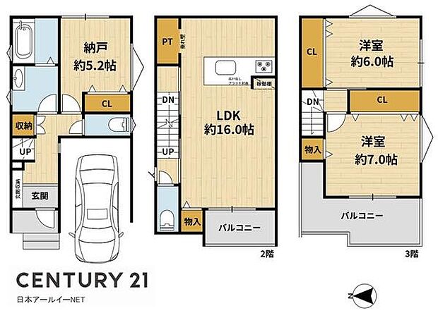 3階建ての間取りで各階に収納スペースが設けられています。2階のLDKは約16帖の広さがありゆとりある空間です。3階には2つの洋室がありそれぞれクローゼットが備わっています。