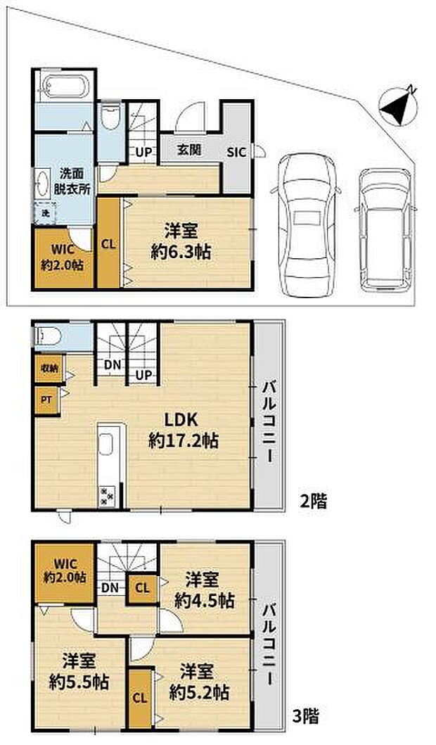 3階建ての間取りで各階にバルコニーが備わっています。1階には収納や洗面設備が充実しています。2階は広々としたLDKが特徴です。