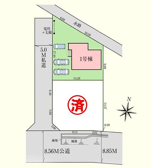 西側5ｍ私道、南側8.56ｍ公道に接道